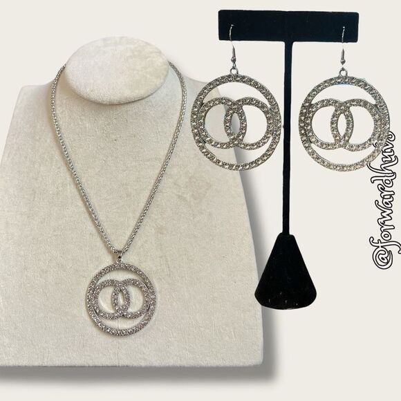 Silver Tone and Rhinestone Necklace and Earrings Set - Picture 2 of 12